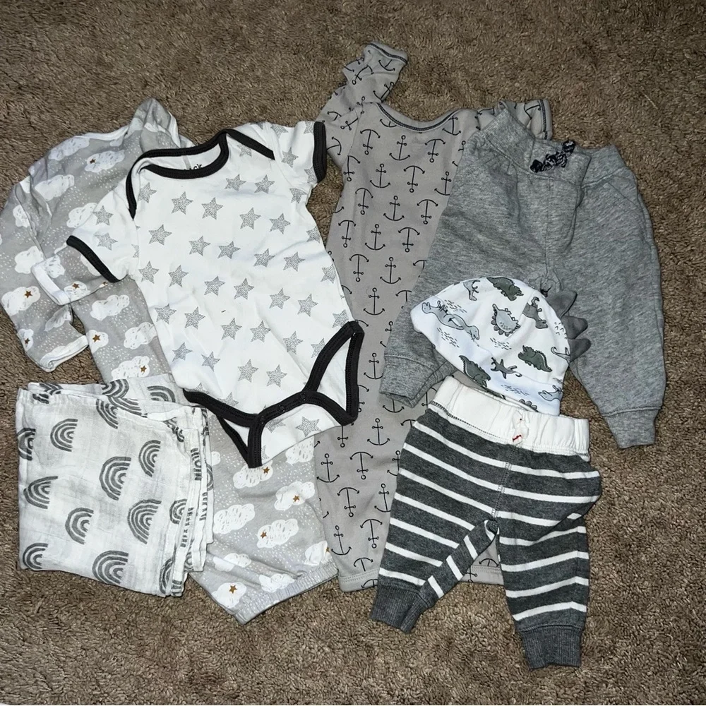 Carter’s Gerber and other Brands Baby Boy Bundle Gray and White Size NB-6 Mos